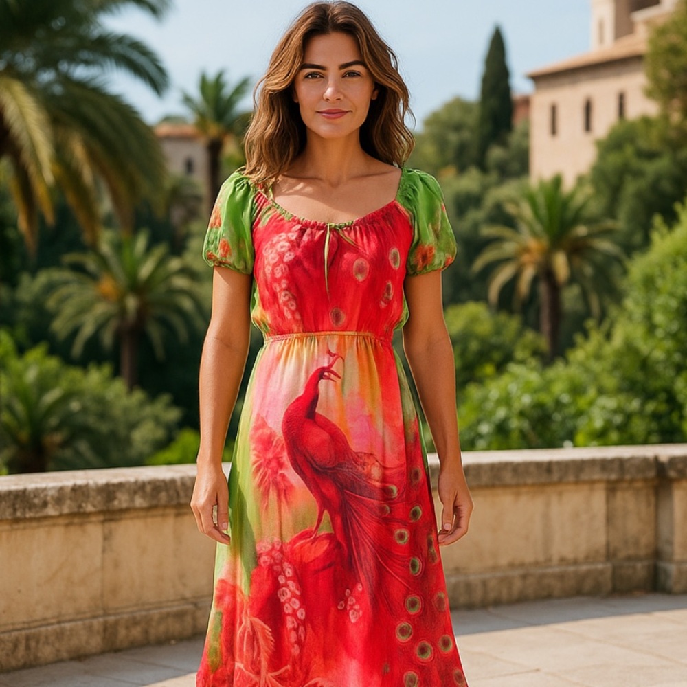 Anjli gorgeous flowing red and green maxi dress with peacock design!